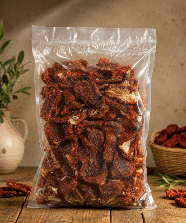 1 kg'lık şeffaf pakette güneşte kurutulmuş doğal kuru domates
