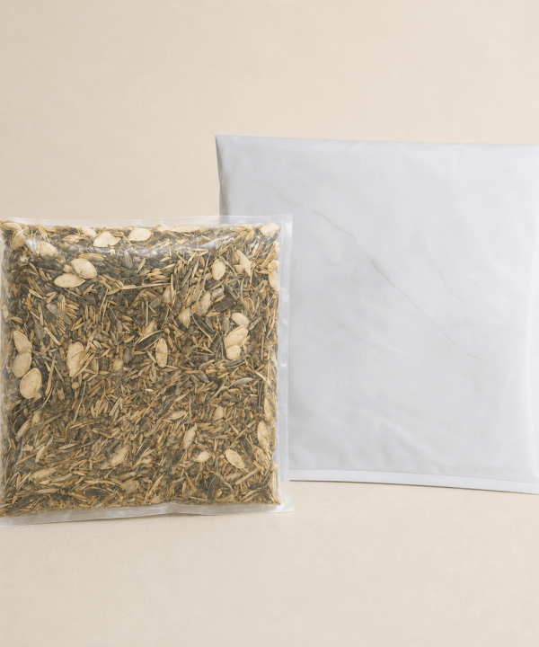Çinçilla başlangıç paketi: 1 kg lüks kemirgen yemi ve 1 kg doğal volkanik banyo kumu, yan yana paketlerde